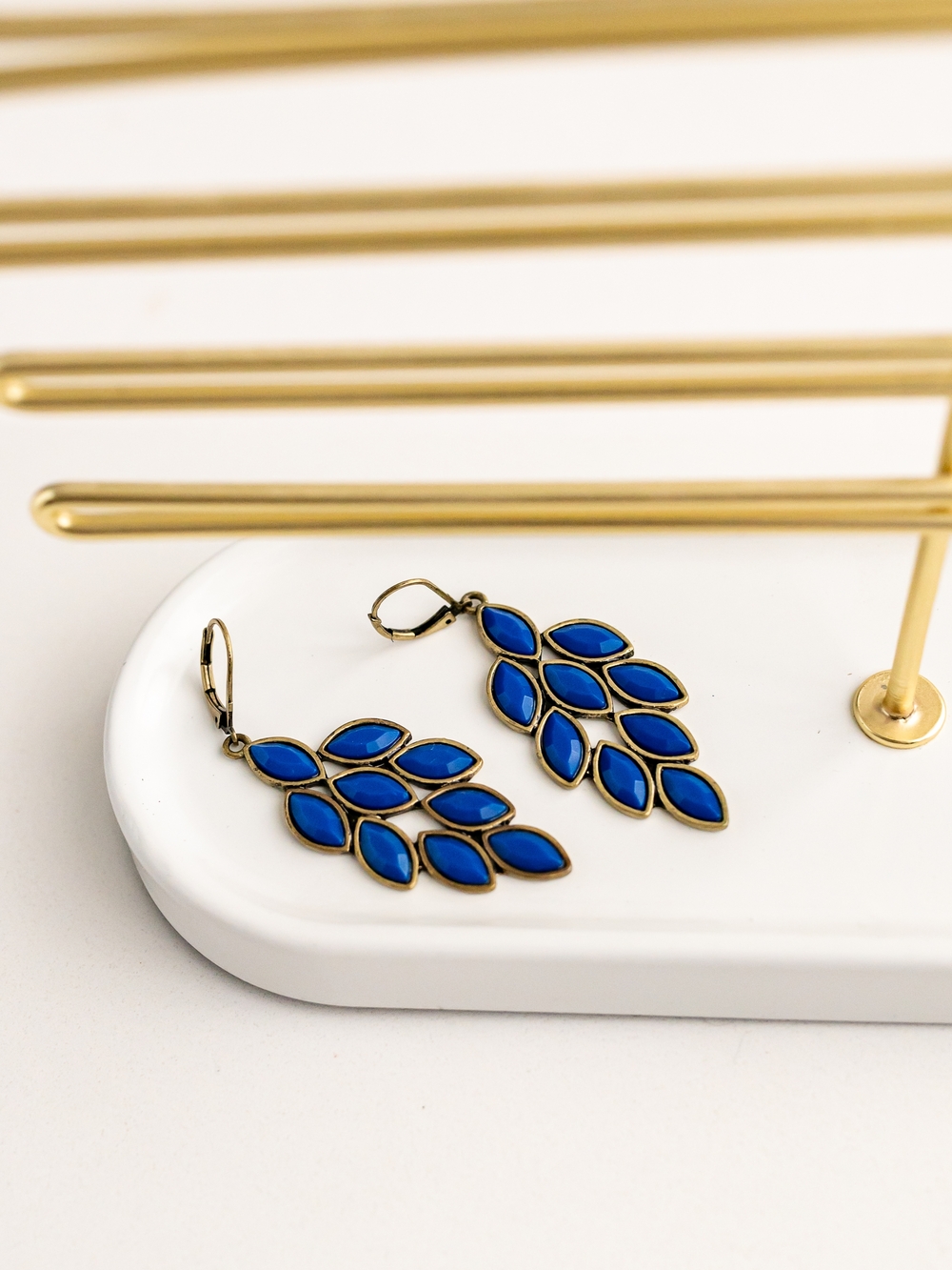 Blue Leaf Cluster Drop Earrings - Gold Frame